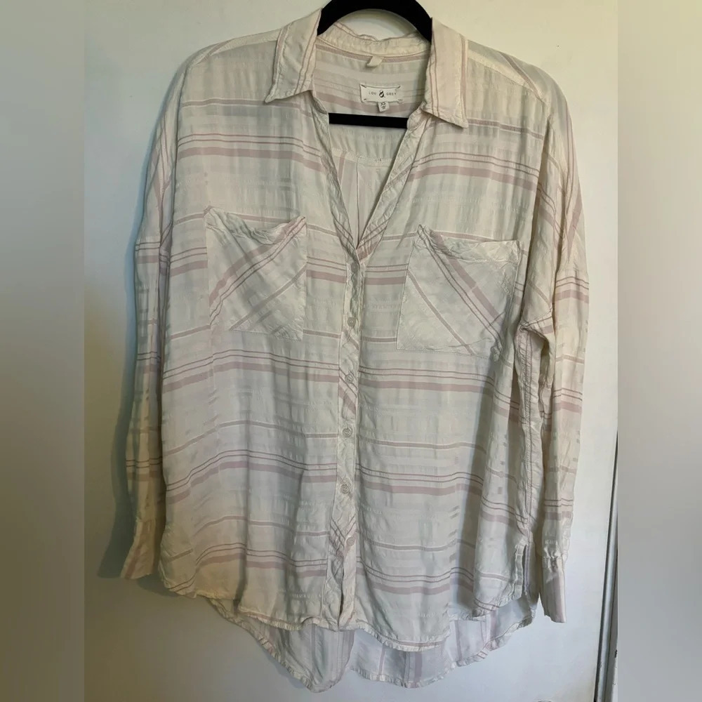 Lou & Grey Womens XS Cream Pink Oversize Button Down Top Viscose Stripe Collar